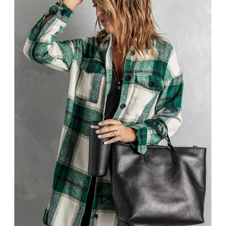 

2022 long full sleeve shirt jackets casual woman street wear oversize clothing custom logo women long plaid jacket she in, Picture