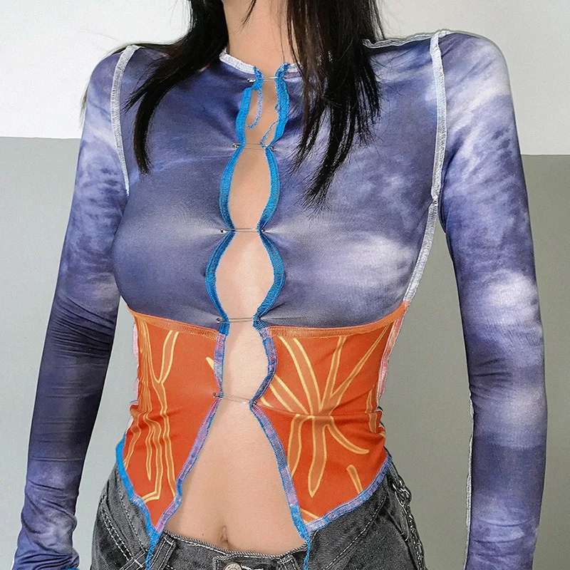 

Women Tie Dye Print Sexy Hollow Out T-Shirts Tops O-neck Long Sleeve Stretchy Patchwork Autumn 2020 Bodycon Sexy Crop Top Female