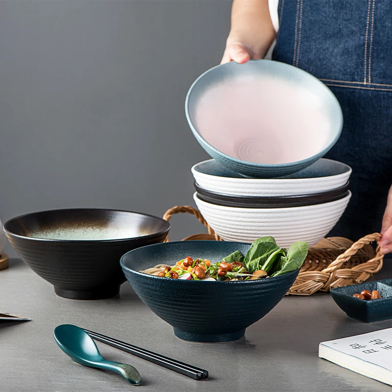 

Premium Unique Modern Japanese Ramen Pho Soup and Salad Multiple Colour Bowls Solid Ceramic Ramen Bowl Set, Picture shows