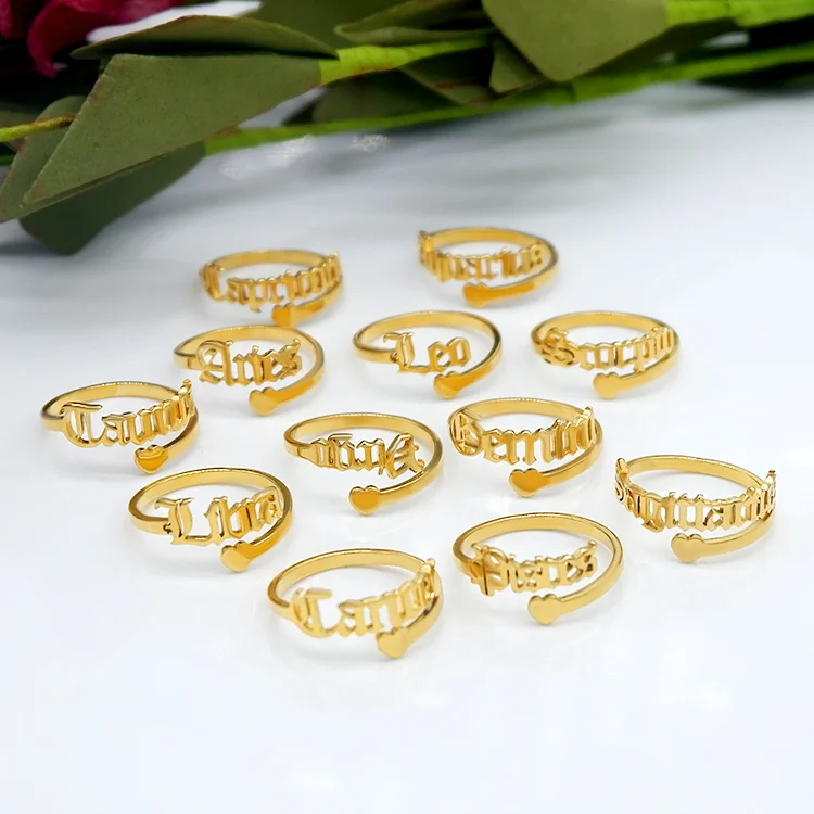 

Wholesale Stainless Steel Ring Fashion Adjustable Retro 12 Zodiac Ring 2021, Gold,silver