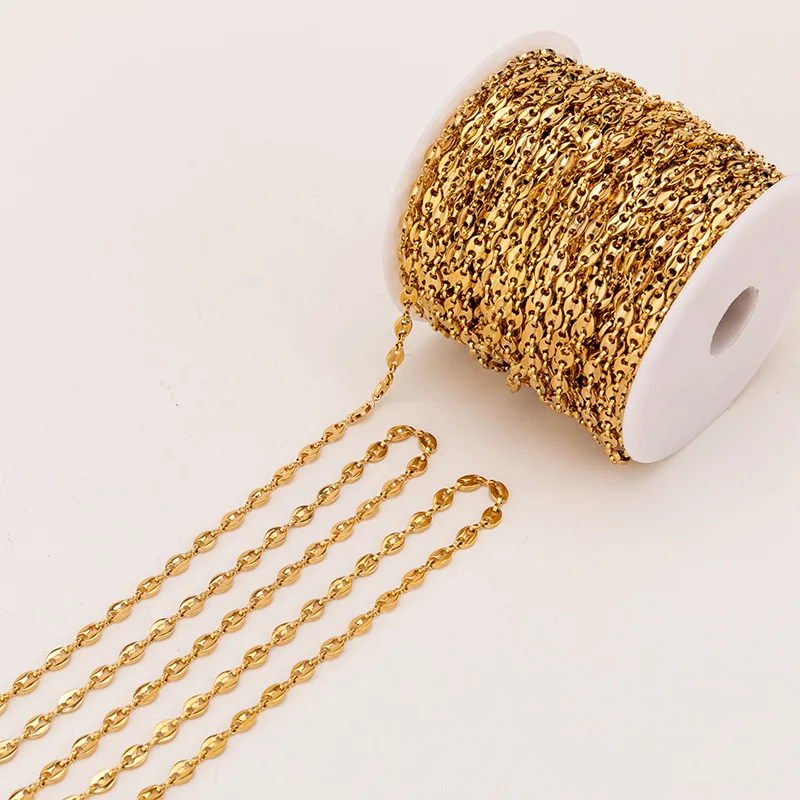 

Punk Hip Hop Coffee Bean Roll 18K stainless steel Pig Nose Chains Necklace gold chain for Jewelry Making DIY