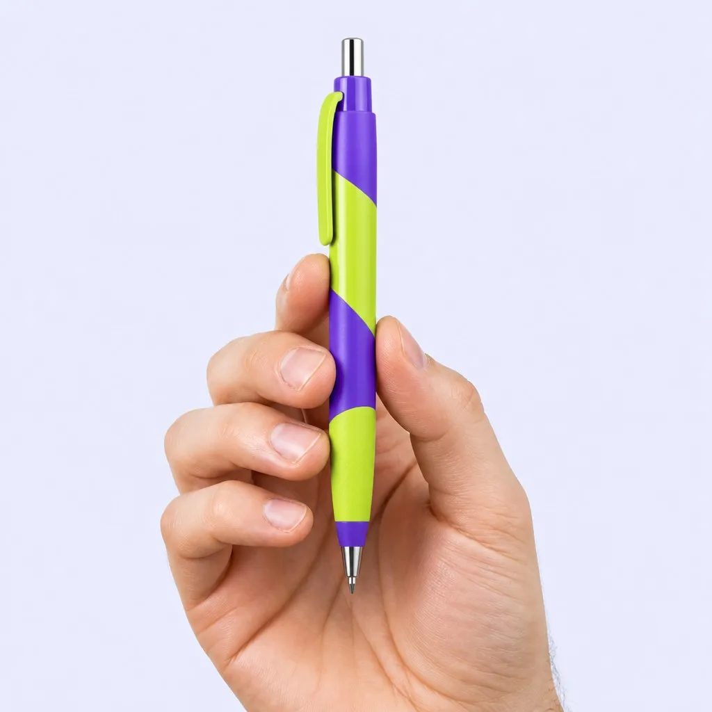 A hand holding a violet and lime spiral patterned pen