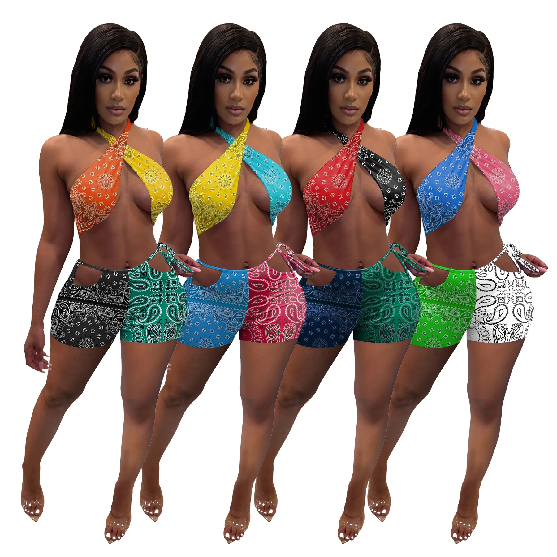 

YF-8210 Paisley Women'S Tube Top Shorts Set Popular Printing Sexy Lace-Up Swimsuit, Picture shown