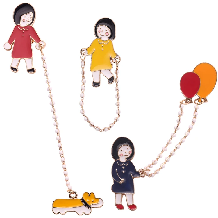 

Cartoon Character Brooches Cute Little Girl Walk Dog Jump Rope Put Balloon Brooch Alloy Dripping Oil Bag Lapel Pins