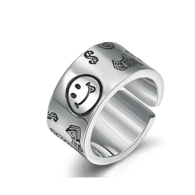 

Fashion S925 Sterling Silver Ring Personality Creative Smiley Ring for Girls Women Open Adjustable Ring Accessories