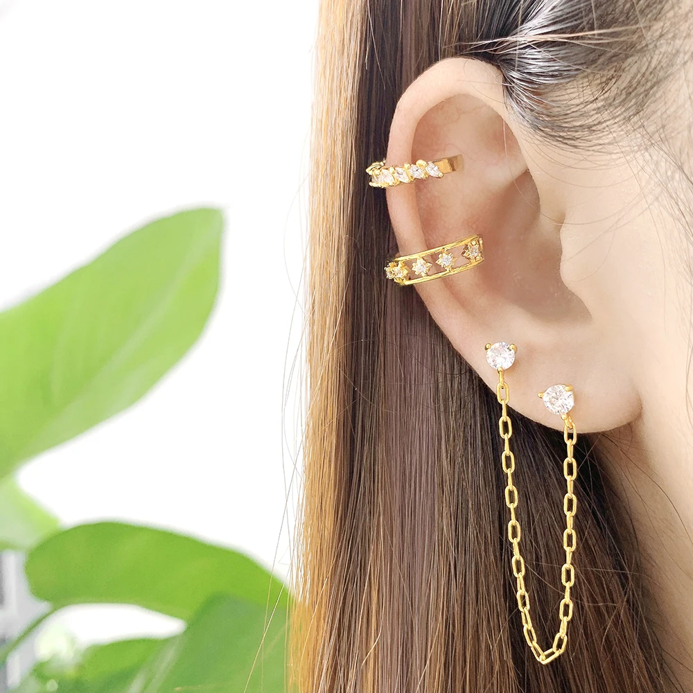 

long chain ear piercing double single stone cz diamond stud earrings