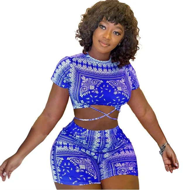 

2021 Best Sales Women Paisley Bandana Print Short Sleeve O-neck Crop Tops Fashion Shorts 2 Piece Set