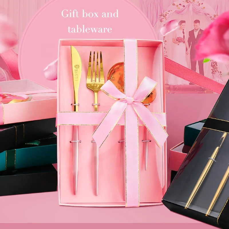 

New Gold Black Wedding Gift Flatware Set Stainless Steel Gold Pink Wedding Cutlery with Gift Box, Silver, gold, gold black, gold pink