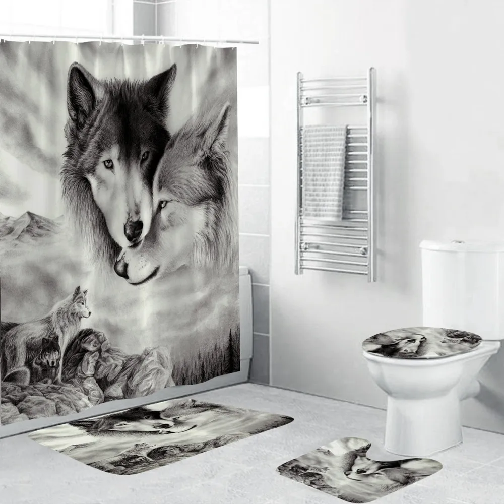 4 Piece Animal 3D Printing Theme Shower Curtain and Bath Mat Set Wolf Couple Waterproof Non-Slip Bathroom Curtain and Rug Set