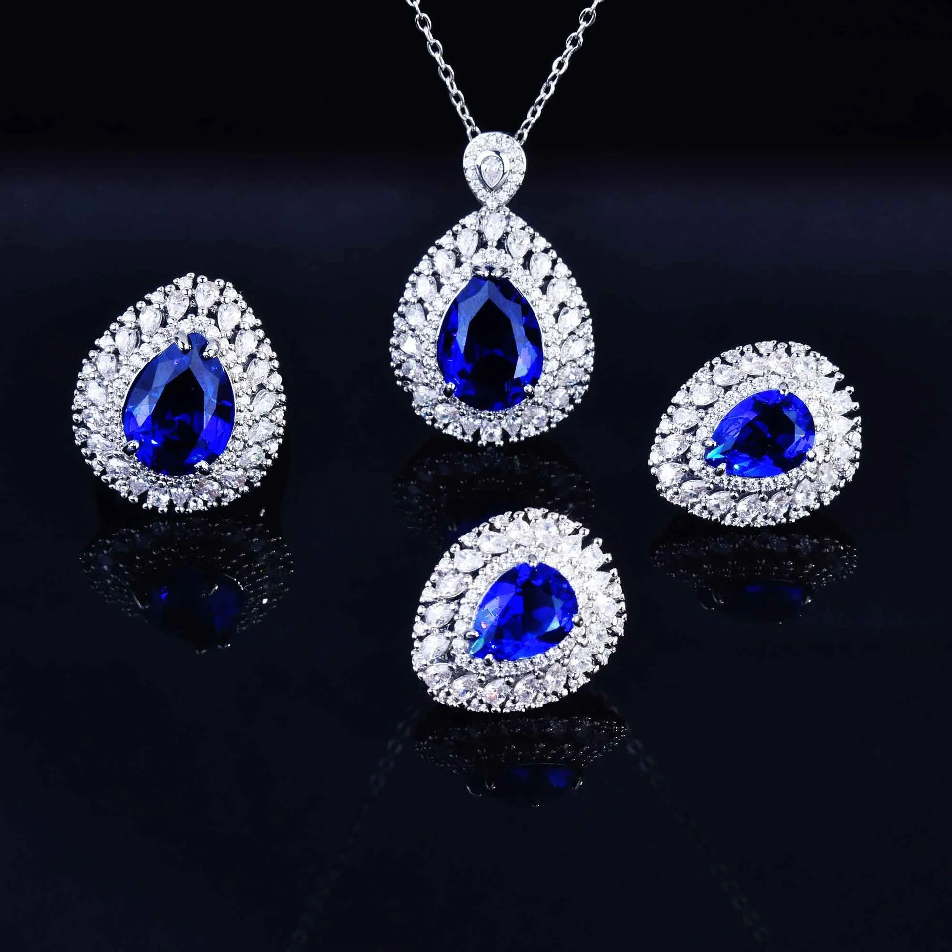 

Luxury Crystal Blue Water Drop Pendant Necklace Earrings Ring For Women Wedding Jewelry Set Bright Choker Earrings, Customized color