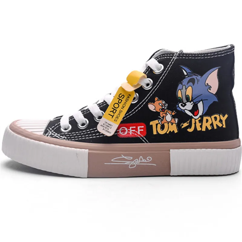 

Dropshipping Custom Logo Black Cartoon Printed Chunky High top Board Sneakers Fashion Breathable Canvas Sports Shoes