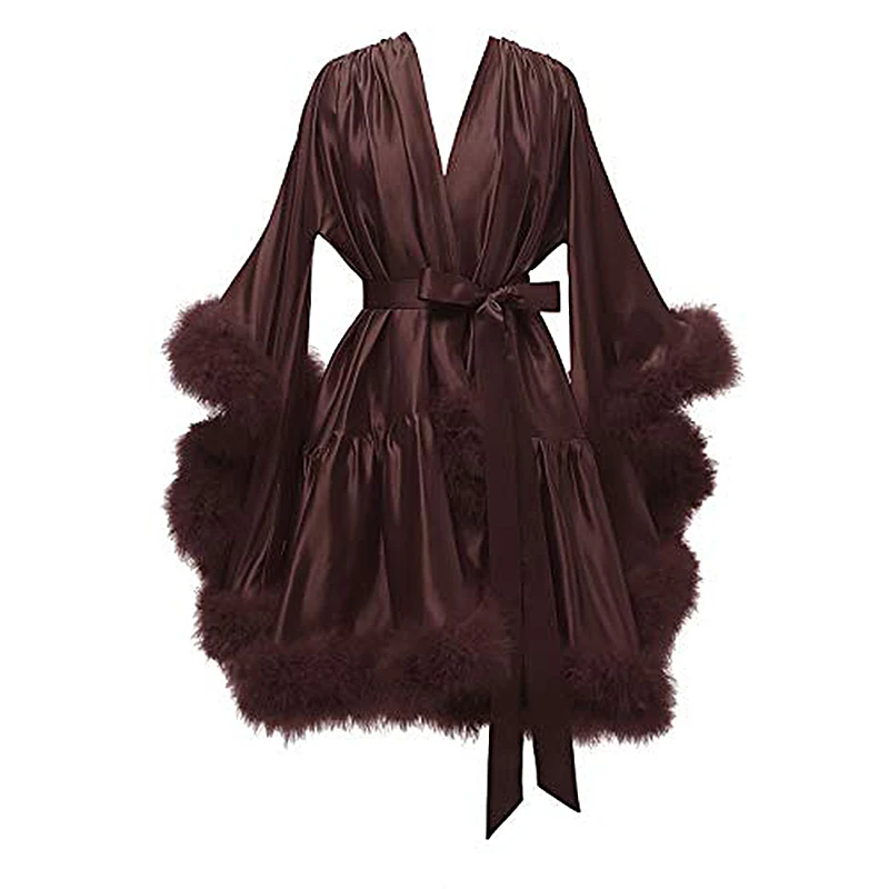 New Autumn Luxury Silk Sleepwear Women Sexy Satin Nightwear Feather ...