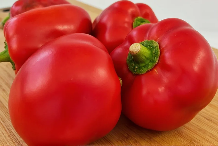Close-up view of ripe red manzano peppers showing their distinctive apple-like shape and thick walls on a wooden cutting board