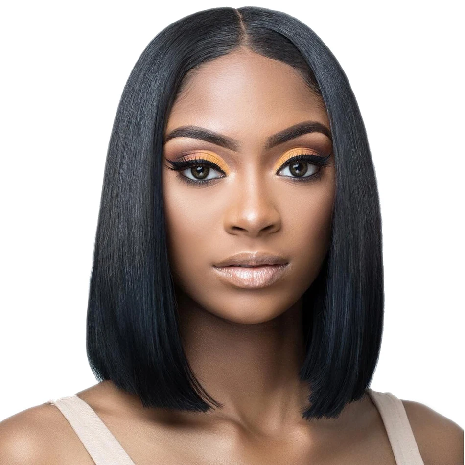 

Ainizi heat resistant 10 inches short bob straight wrapping middle parting only synthetic T part lace front wigs for women