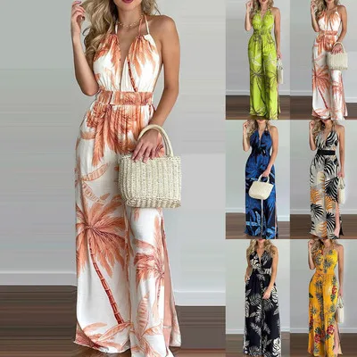 

Women Summer Sexy Floral Print Jumpsuits Boho Sleeveless Backless Long Overalls Rompers Female Beach Loose Jumpsuit 2021, Picture