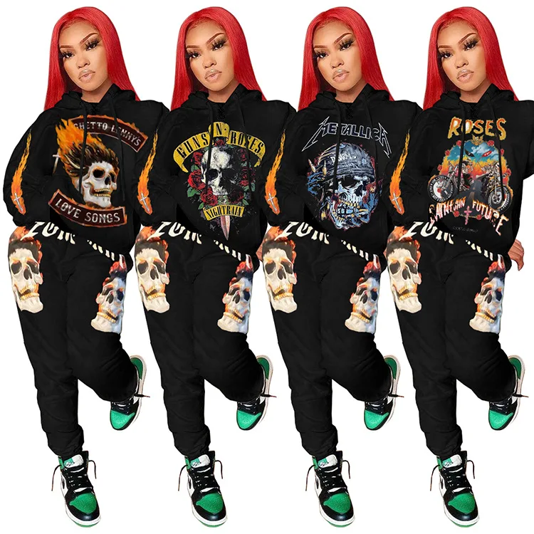 

New Arrival 2021 Fall Set Woman Halloween Long Sleeve Hooded Sweater Joggers Pants Two Piece Pants Set, Picture shows