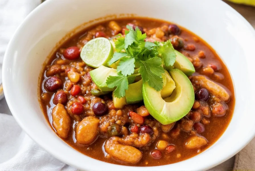Finished crock pot chicken chili served in bowl with toppings like avocado, cilantro, and lime wedges