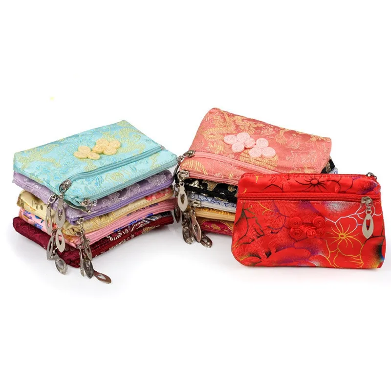 

13*8.5cm Silk Bags Flower Embroidered Brocade Jewelry Pouches Party Favors Packaging Pouch Double Zipper Bag