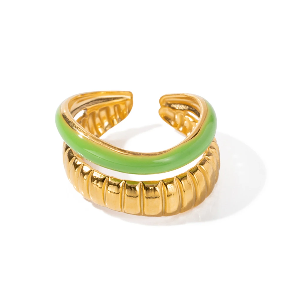 

Colorful Green Enamel Open Ring Double Layer Jewelry Gifts 18K Gold IP Plating High Polished Finger Ring