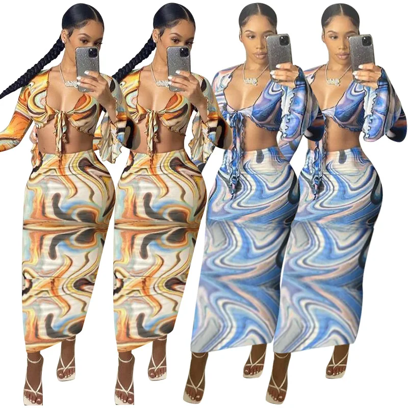 

M6635 dropshipping sexy bodycon two piece set fashion skirt outfits for women long sleeve top 2 piece set women