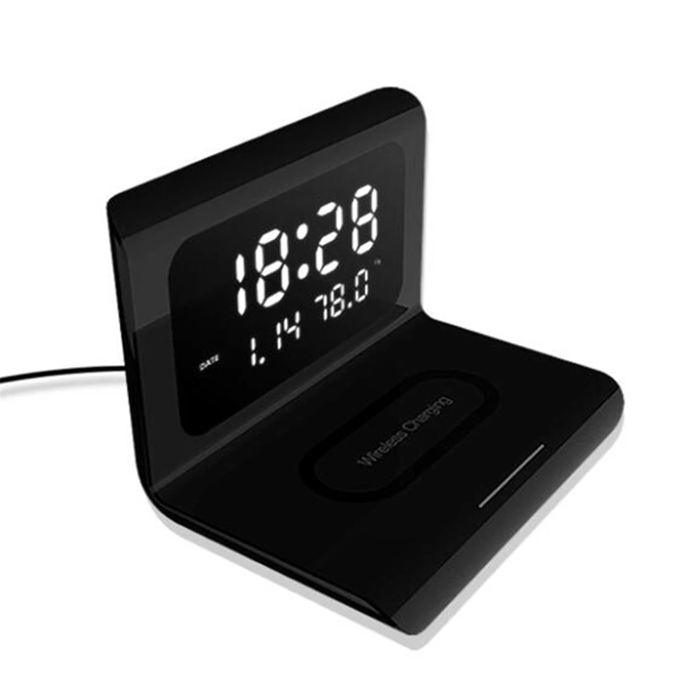 

MIQ wake up lamp electric LED digital display time date alarm clock fast mobile phone wireless charger with temperature, Black, white