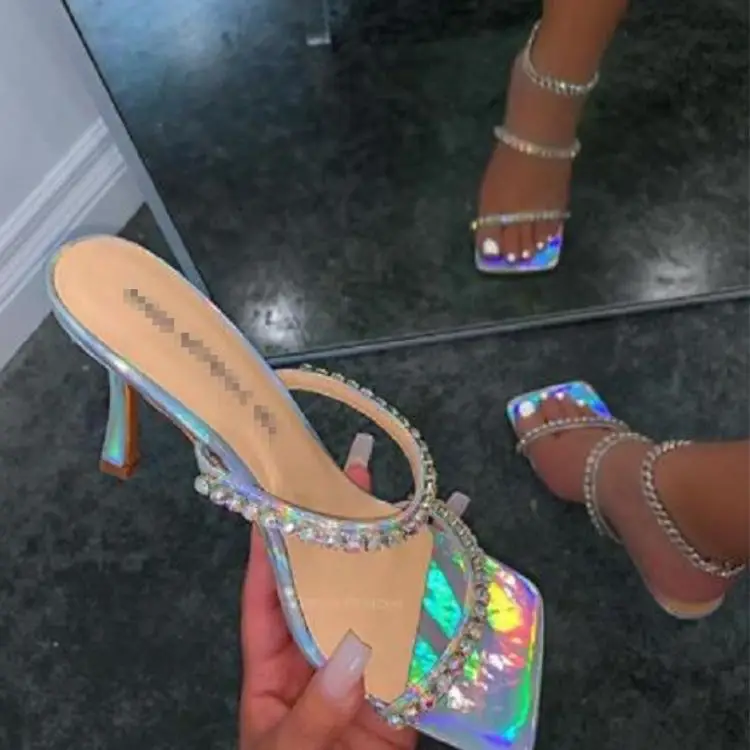 

2021 new arrivals women shoes sexy rhinestone square toes thin high heels slip on sandals, Silver or customized