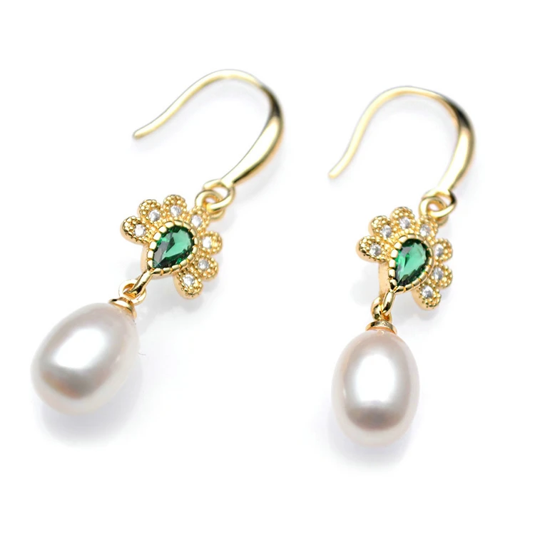 

CZ Micopave Natural Pearl Drop Beads Green Zircon Flower Charm Dangle Earrings Fashion Woman Jewelry