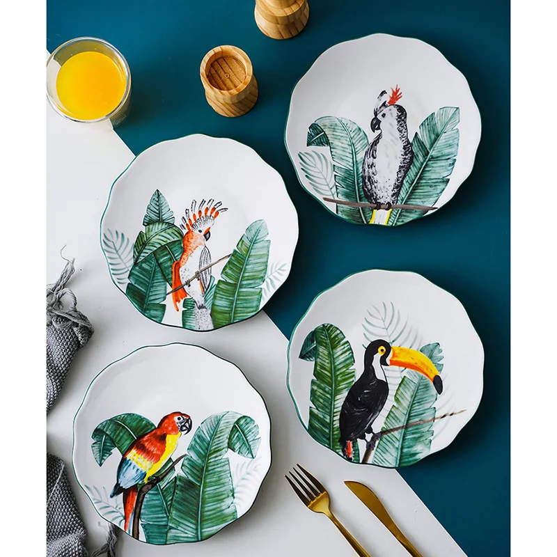 

Creative hand painted parrot pattern plant dinnerware plate, As picture