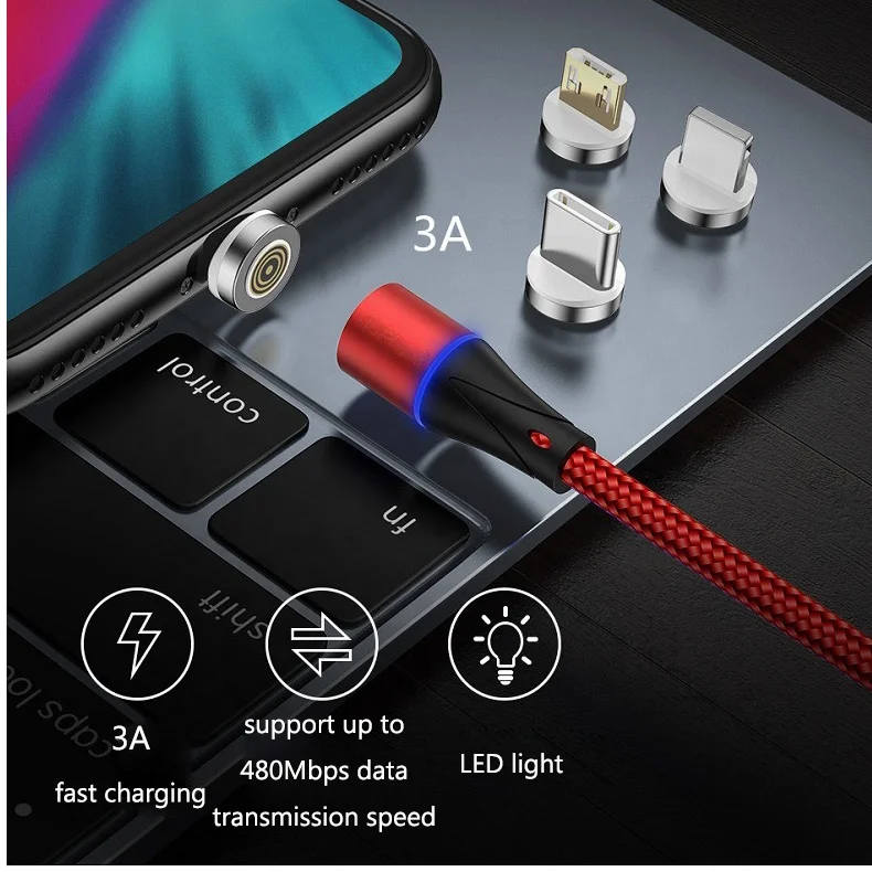 
3 in 1Magnet Fast Charger Data USB 3a Magnetic Charging Cable for Micro usb Type-C 