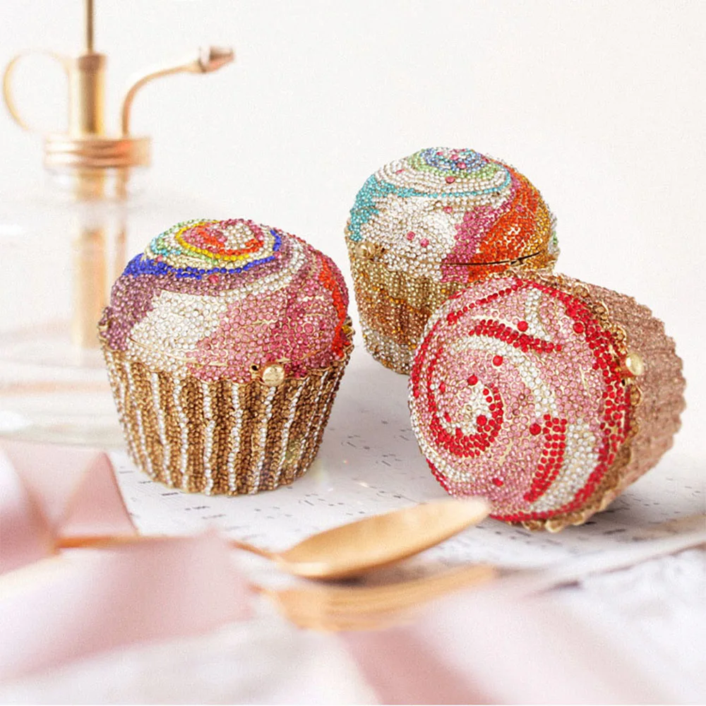 

Fashion luxury glitter bling crystal evening clutch bags wedding party rhinestone ladies crossbody hand bag chain cupcake purse, 8 colors
