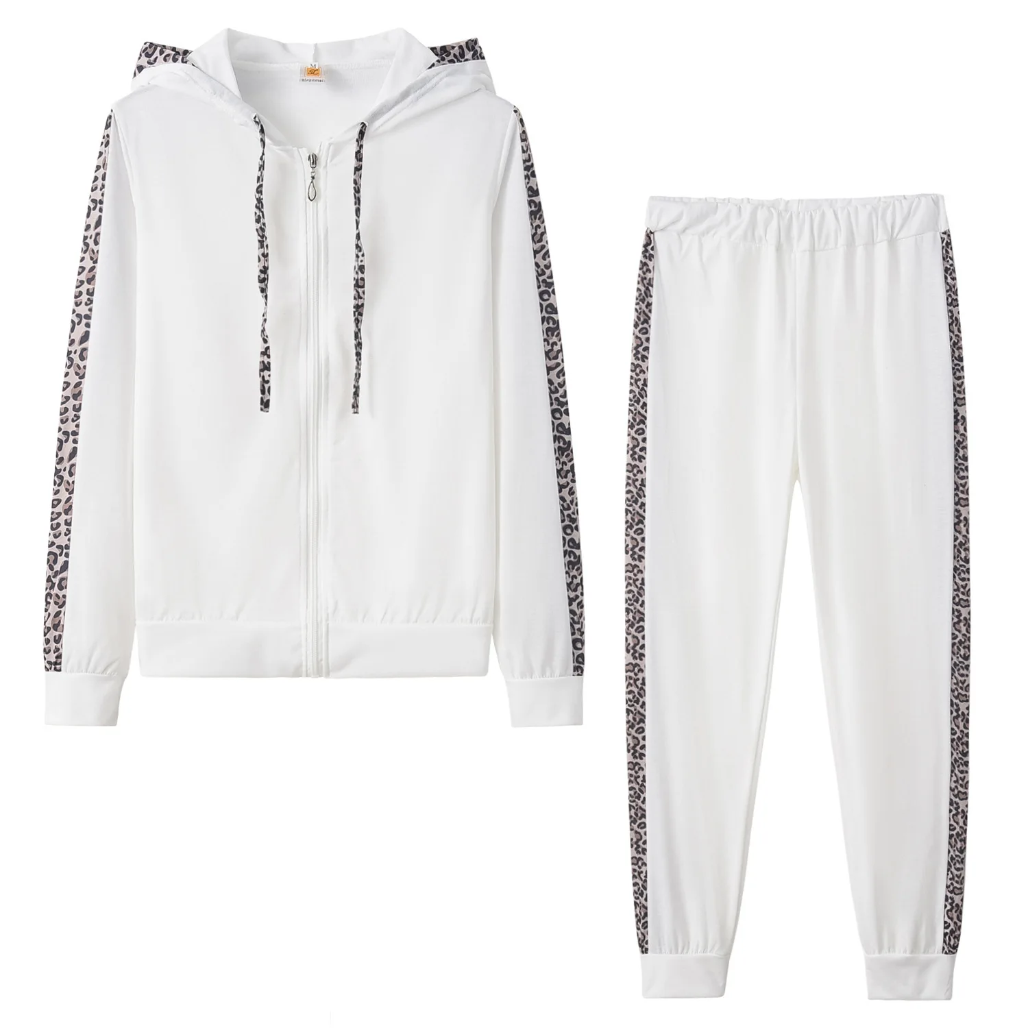 

2021 Leopard Print Long Sleeve Pocket Plush Print Zipper Hoodie Pants Autumn Winter Women's Suit, Picture color