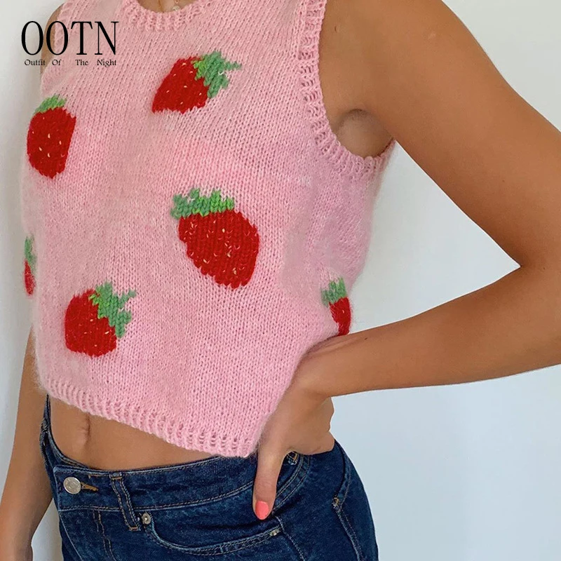 

OOTN Female Streetwear Preppy Style Cute Clothing Casual Tank Top Y2K Strawberry Pink Sweet Knitted Sweater Vest