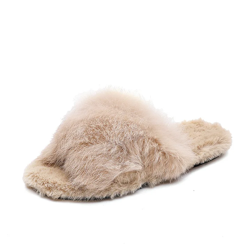 

Plush slippers new cross type girl home outdoor warm real rabbit hair slippers