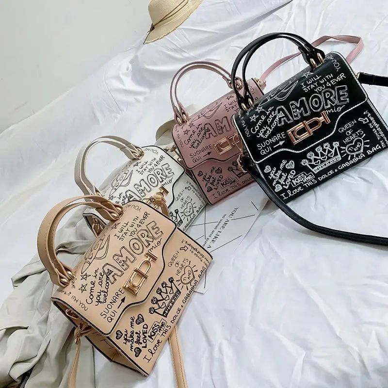 

2020 Fashion Graffiti Designer Cartoon Pattern Box Style Pu Leather Ladies Handbag Shoulder Crossbody Bag