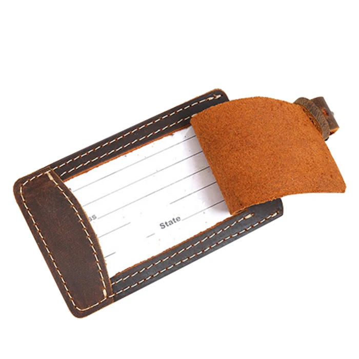 

Luxury Genuine Crazy Horse Leather Personalized Embossed Logo Business Travel Airline Card Set Name Luggage Tags, Brown