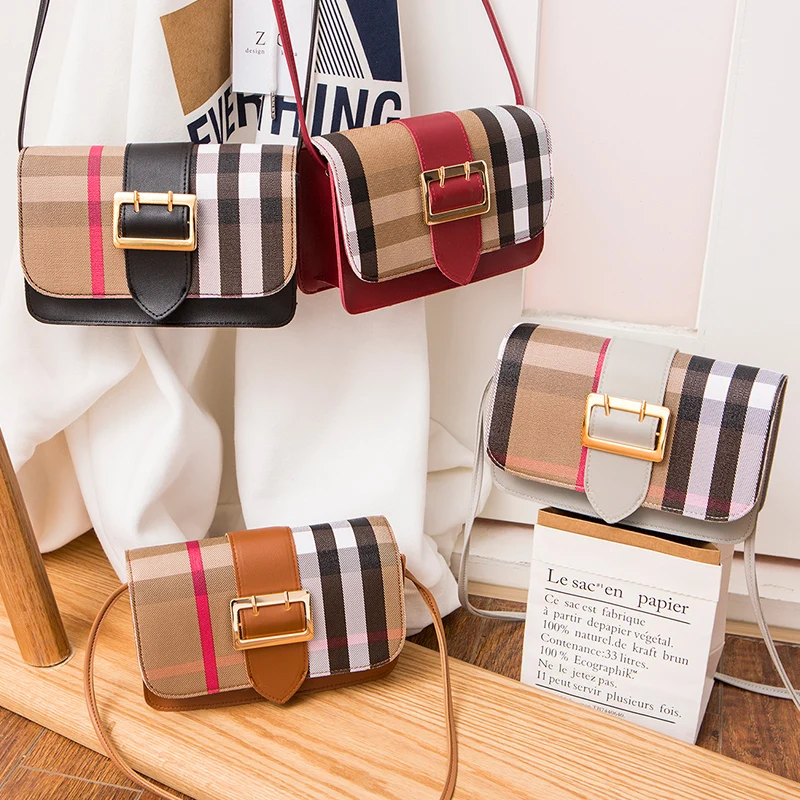 

2021 new Plaid Shoulder Bag Messenger Retro Leather simple button student PU leather women's handbag cheap handbags, Photo