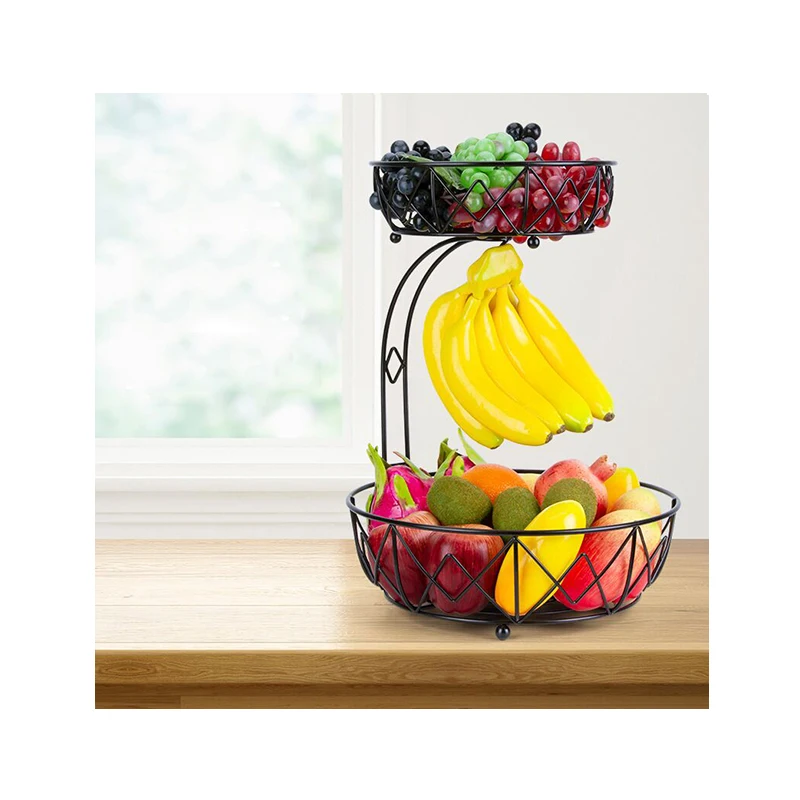 

Home Metal Iron Wire Desk Desktop Foldable Kitchen 2 Tier Folding Fruit Basket with banana hanger