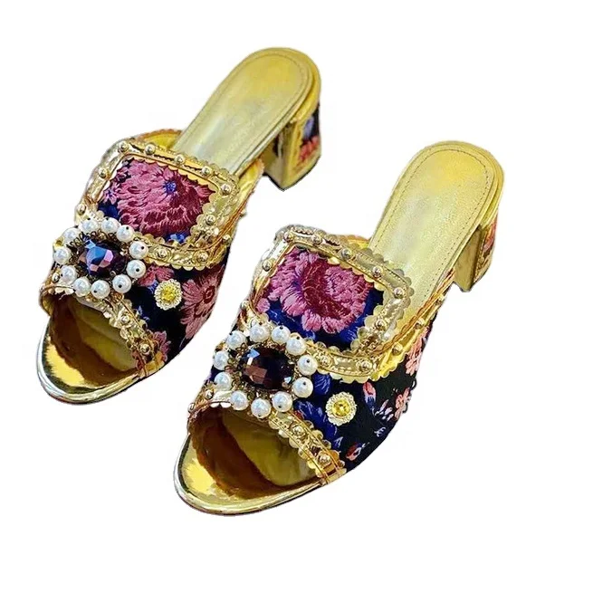 

Women Slippers Luxury Jewel Diamante Rhinestone Block Heel Slippers Ladies Shoes Femme Shoes Luxury Designer Shoes US Big Size, Gold