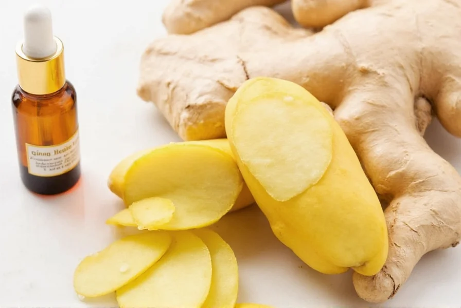 Close-up view of ginger essential oil bottle with fresh ginger root and diffuser