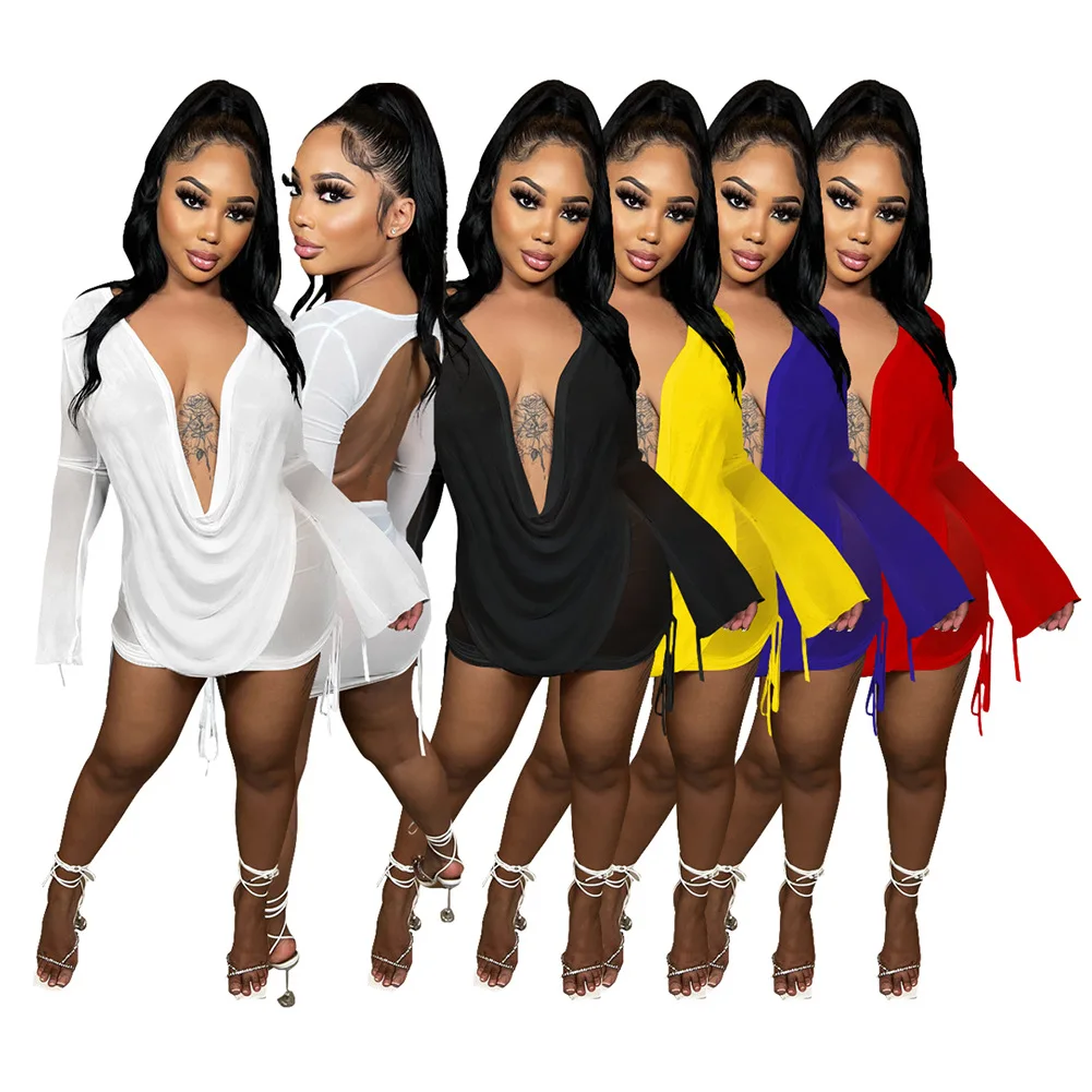 

Good Quality Women's Sets Sexy Long Sleeve V-neck Backless Mesh Solid Color 2 Piece Set Women Two Piece Set, Picture color