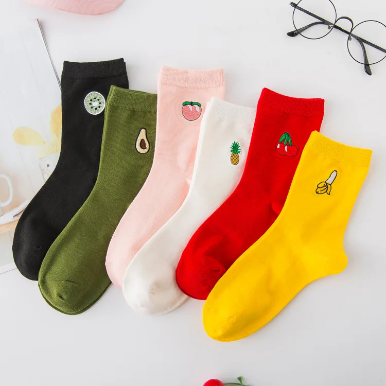 

Youki Women's High Quality Comfortable Fruit avocado embroidery Cotton ladies long Socks stocking 500 pairs customize paper card