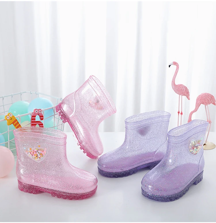 

custom kids led light up flat pvc glitter rain boots, Luminous glitter love heart, luminous glitter purple