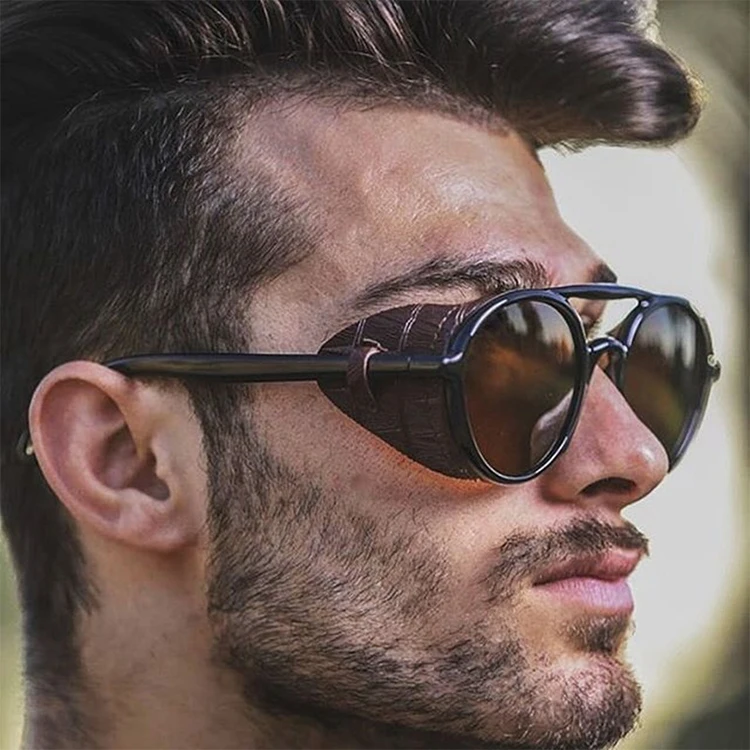 

retro steampunk round with leather side cover Punk sunglasses