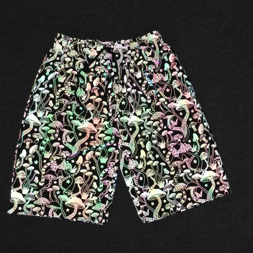 

Cartoon mushroom print hip hop custom men shorts rainbow color printing reflective shorts