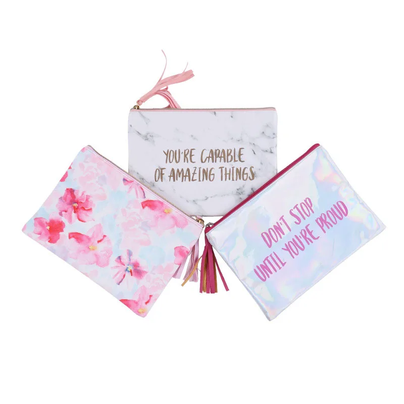 

Women Tassel Flower Printed Makeup Bag Holographic Cosmetic Bag, As picture show