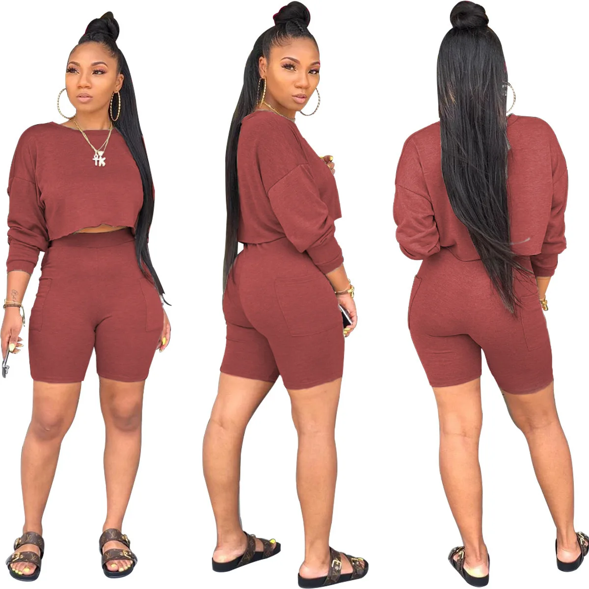 

Wholesale Fashion two piece shorts set women Round Neck Long Sleeve Sweater Pocket Short red crop top two piece set, Customized accept