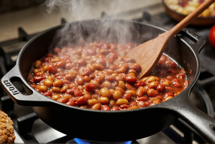 Cast iron pot simmering chili beans on stove with steam rising and wooden spoon nearby