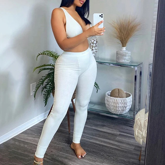 

FS1644D Hot sale women V neck crop tops and pants Two Piece Set Tracksuit Outfit