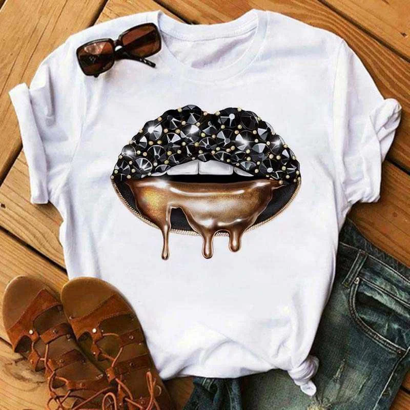 

Maycaur Fashion Makeup Black Lips In Diamonds Drip Graphic Tee Shirt Women Clothes Aesthetic Vogue Female plus size T-shirt Tops, White and black