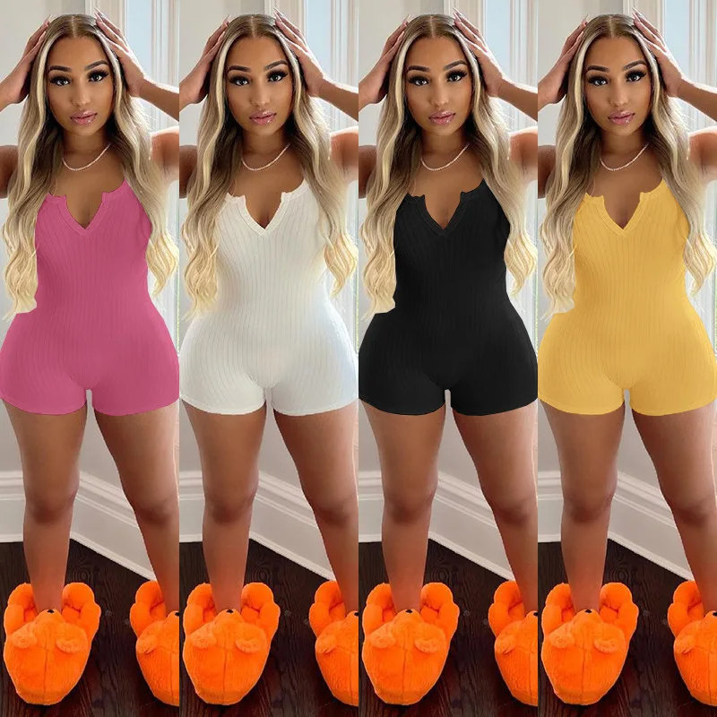 

G8111 - casual fashion sleeveless knit solid v-neck women rompers